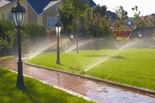 Sprinklers wetting lawn and walkway of home. decorated with lamp posts
