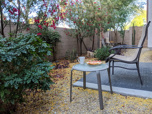 patio chairs and table set up in a xeriscape