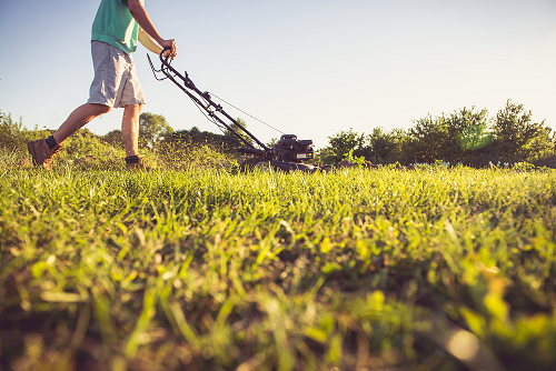 MAn wearing boots, white short pants and blue tee cutting grass with a lawn mower