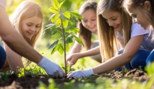 several children helping to plant a small sappling