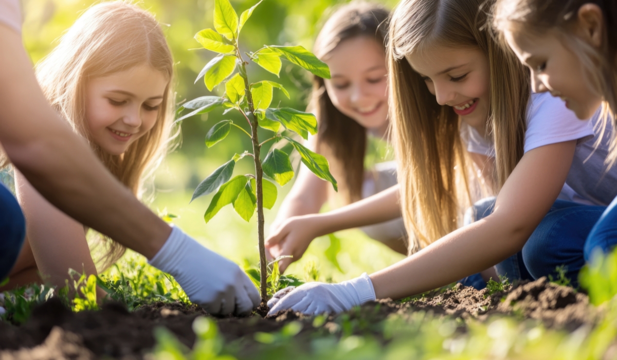 several children helping to plant a small sappling